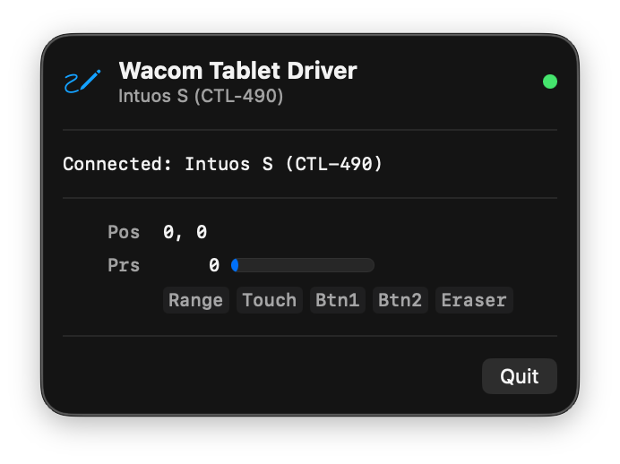 Wacom Tablet Driver menu bar app showing connected Intuos S tablet with live pen position, pressure, and button state